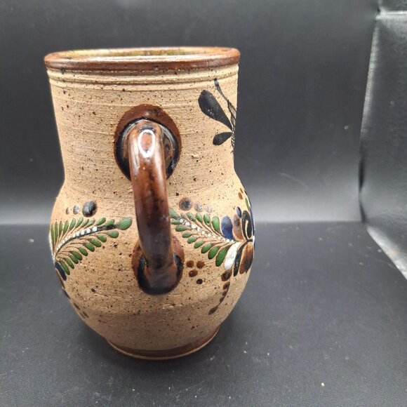 Handcrafted Signed Mexican Ceramic Vase Bird Floral Motif Double Handled Pottery - Picture 2 of 7